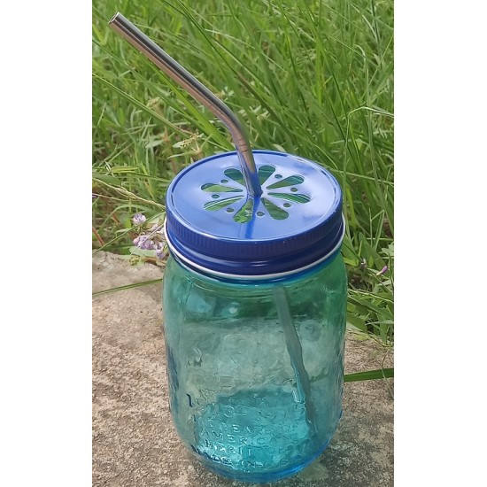 Set of 12 Blue Drinking Jars with Daisy Lids and Stainless Straws
