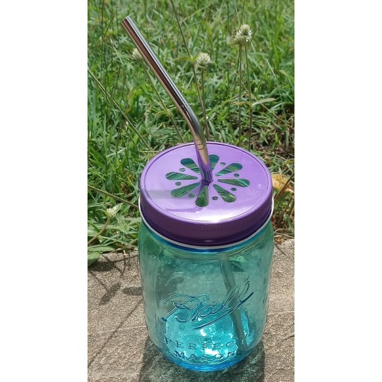 Set of 12 Blue Drinking Jars with Daisy Lids and Stainless Straws