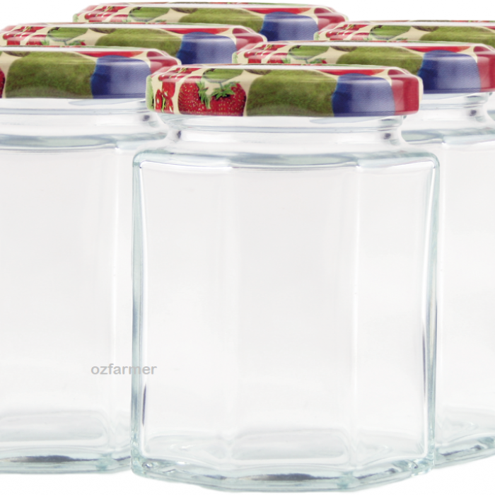 190ml Octagonal Rex Jars with Fruit Pattern Lids - 12 jars - 2 packs of 6