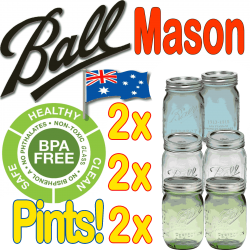 2 x  Ball Mason Pints Green, Blue and Clear 6 IN TOTAL