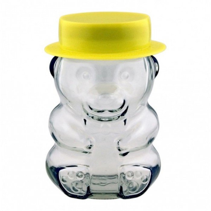 Novelty Teddy Bear Glass Jar complete with lid and yellow hat